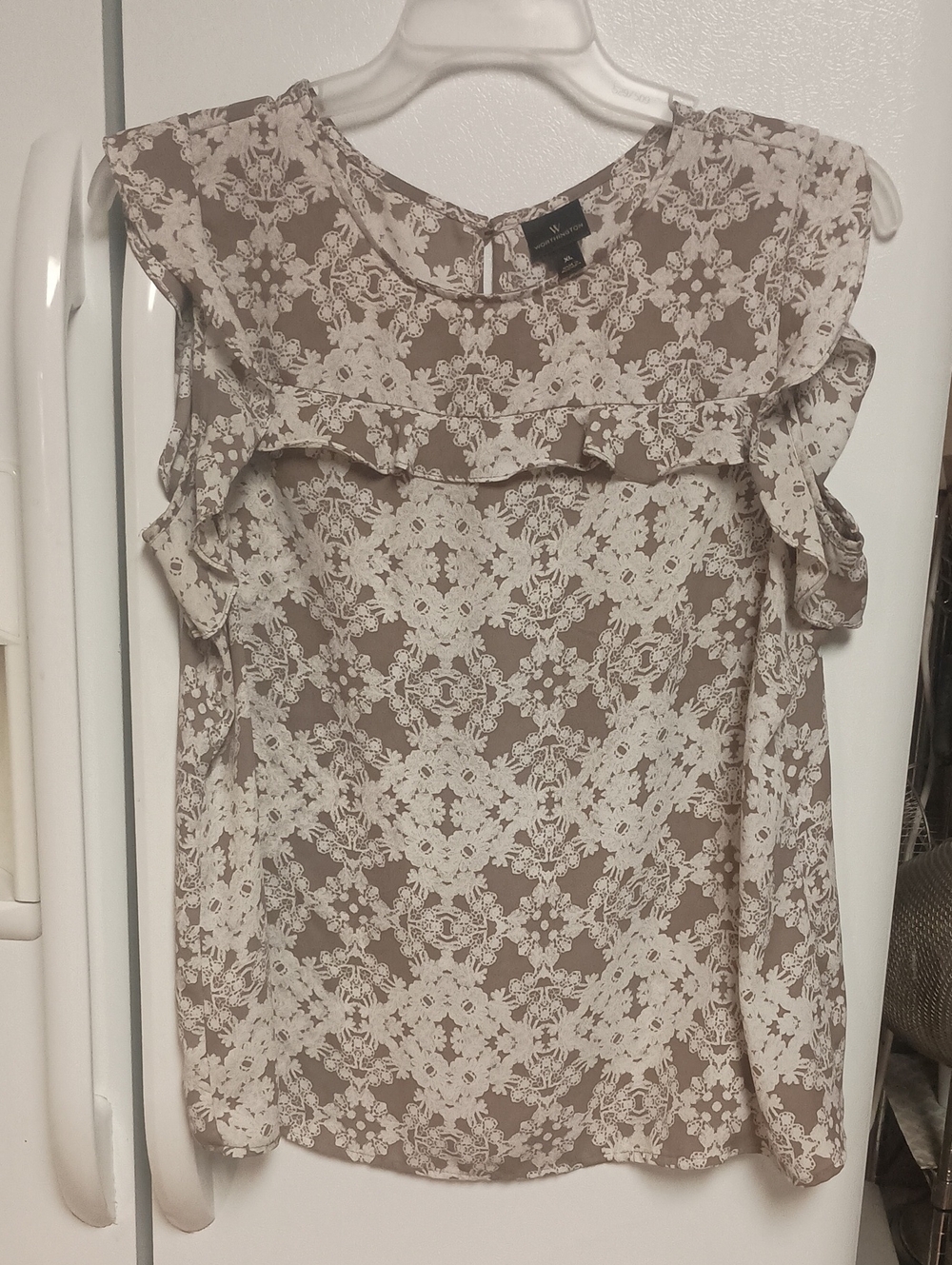 Worthington Taupe and Cream Lace-Print Ruffle Yoke Blouse